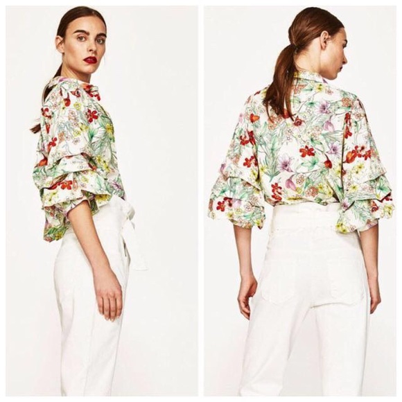 Zara Tops - NWOT Zara Woman Floral Puff Tier Sleeve Blouse